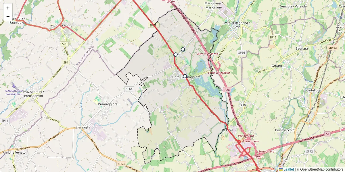Mappa dettagliata del trasporto pubblico a Cinto Caomaggiore con linee autobus, tram e collegamenti
