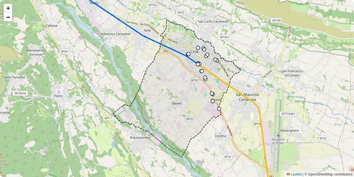 Mappa dettagliata del trasporto pubblico a Ciriè con linee autobus, tram e collegamenti