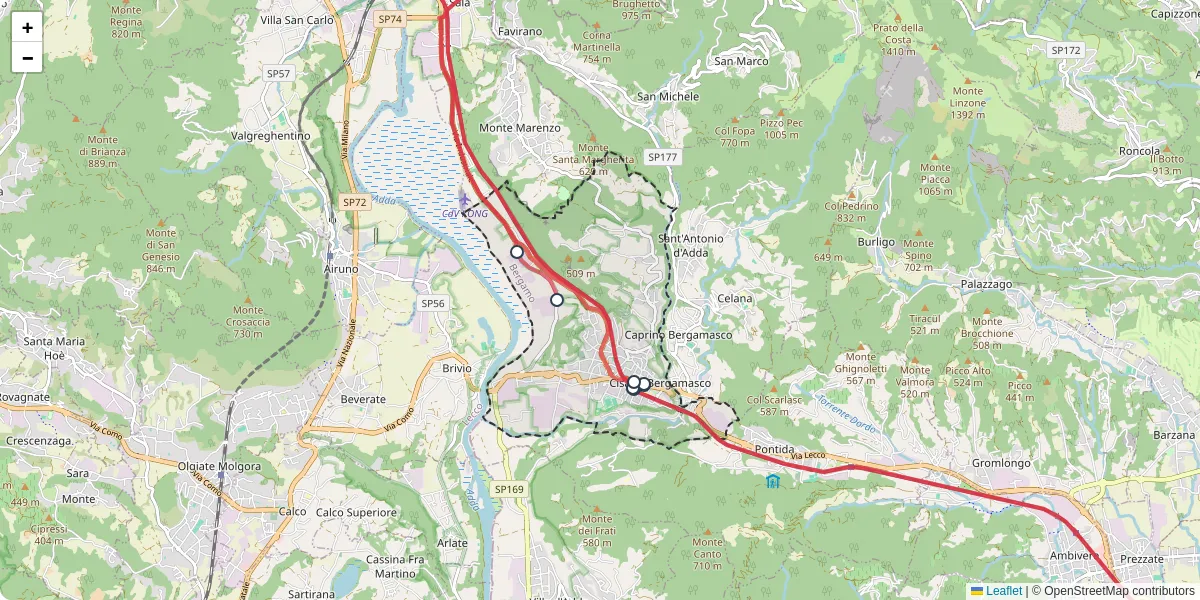 Mappa dettagliata del trasporto pubblico a Cisano Bergamasco con linee autobus, tram e collegamenti