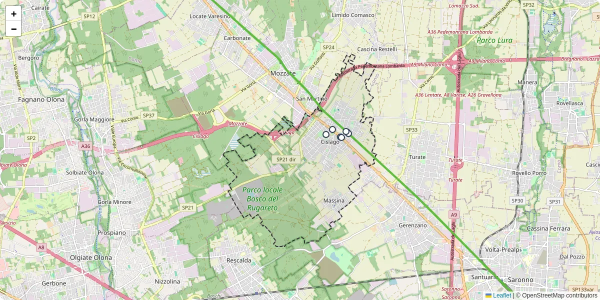 Mappa dettagliata del trasporto pubblico a Cislago con linee autobus, tram e collegamenti