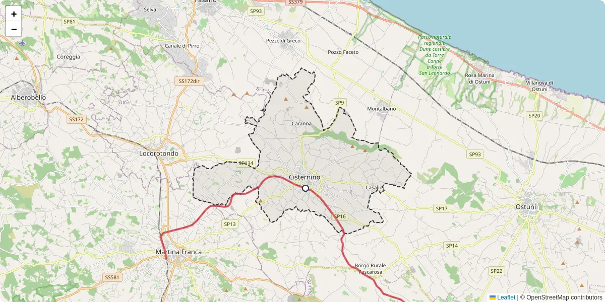 Mappa dettagliata del trasporto pubblico a Cisternino con linee autobus, tram e collegamenti