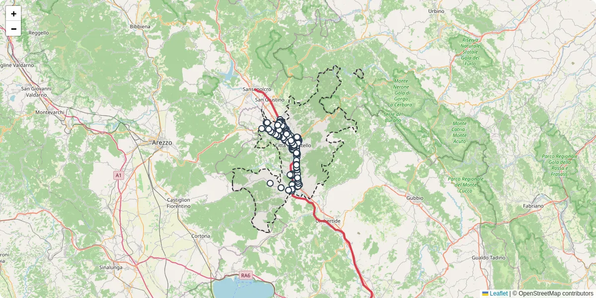 Mappa dettagliata del trasporto pubblico a Città di Castello con linee autobus, tram e collegamenti