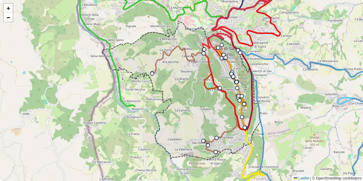 Mappa dettagliata del trasporto pubblico a Città di San Marino con linee autobus, tram e collegamenti