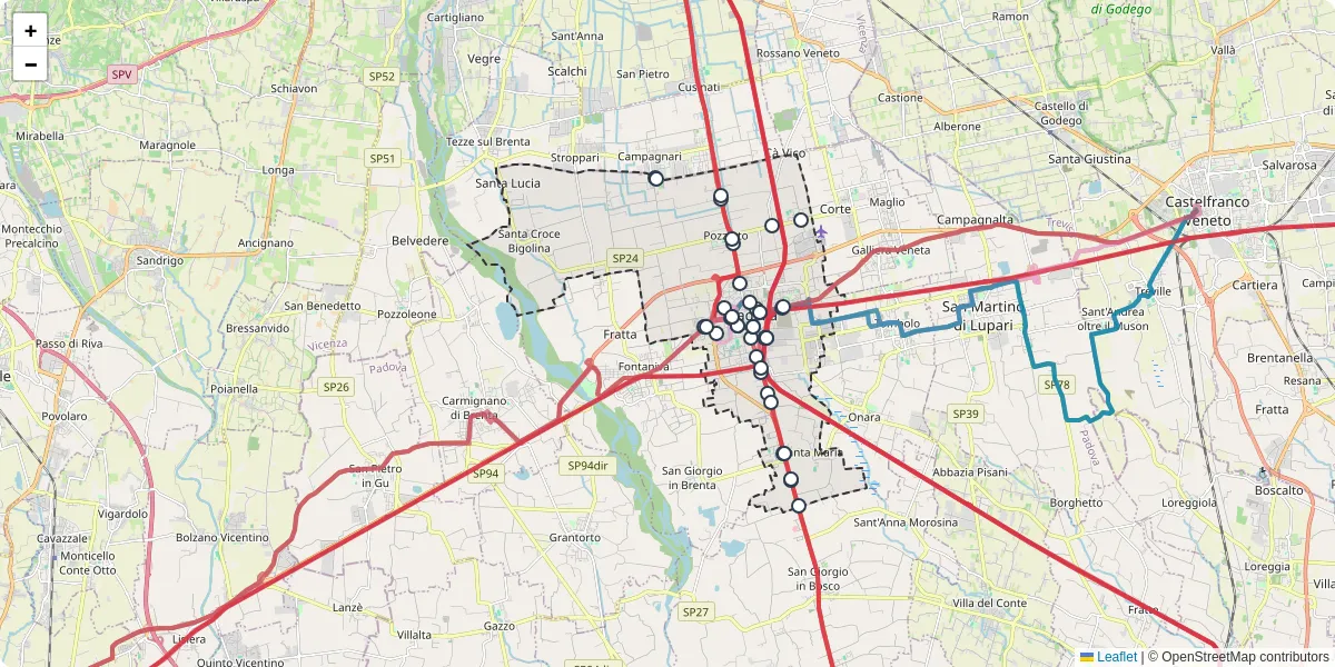 Mappa dettagliata del trasporto pubblico a Cittadella con linee autobus, tram e collegamenti