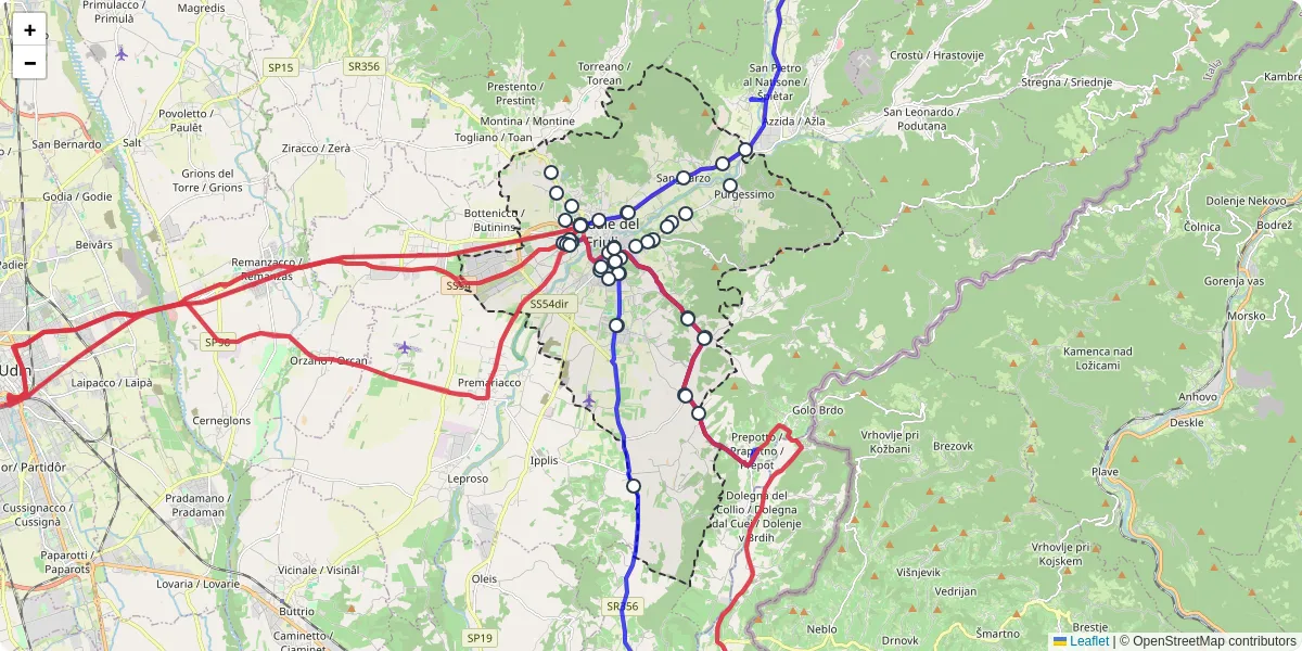 Mappa dettagliata del trasporto pubblico a Cividale del Friuli con linee autobus, tram e collegamenti