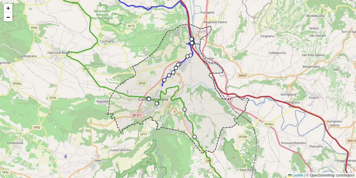 Mappa dettagliata del trasporto pubblico a Civita Castellana con linee autobus, tram e collegamenti