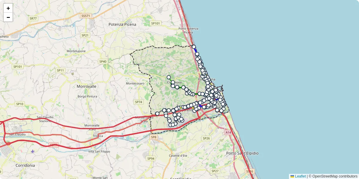 Mappa dettagliata del trasporto pubblico a Civitanova Marche con linee autobus, tram e collegamenti
