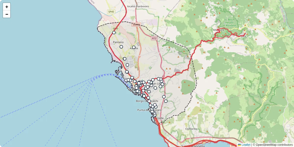 Mappa dettagliata del trasporto pubblico a Civitavecchia con linee autobus, tram e collegamenti