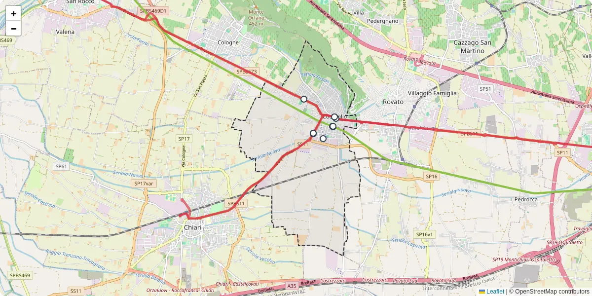 Mappa dettagliata del trasporto pubblico a Coccaglio con linee autobus, tram e collegamenti