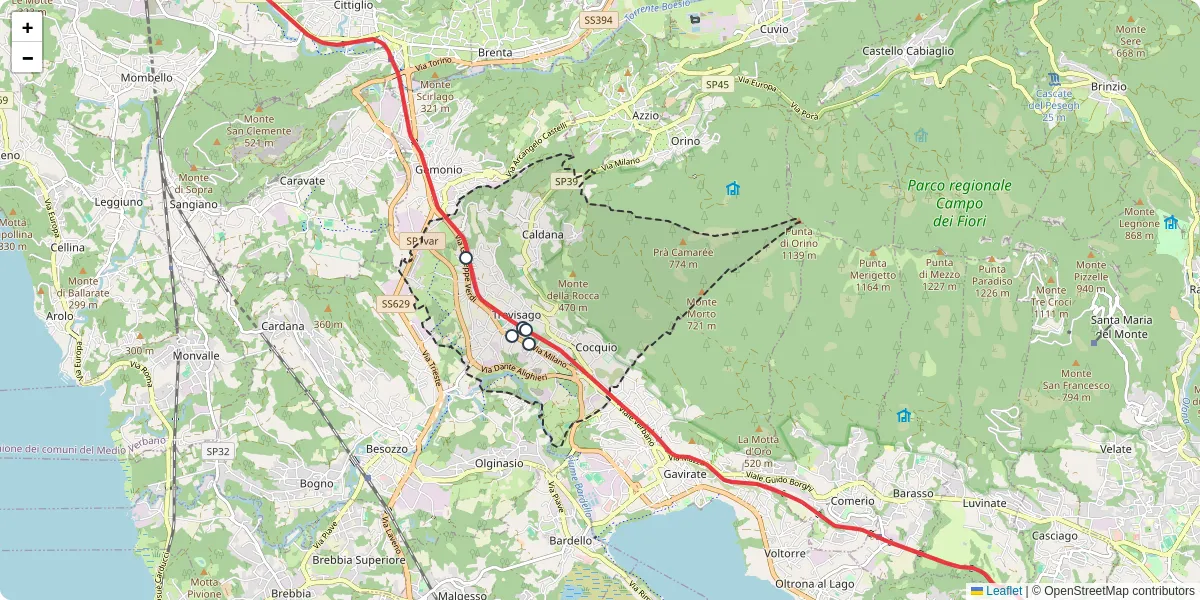 Mappa dettagliata del trasporto pubblico a Cocquio Trevisago con linee autobus, tram e collegamenti