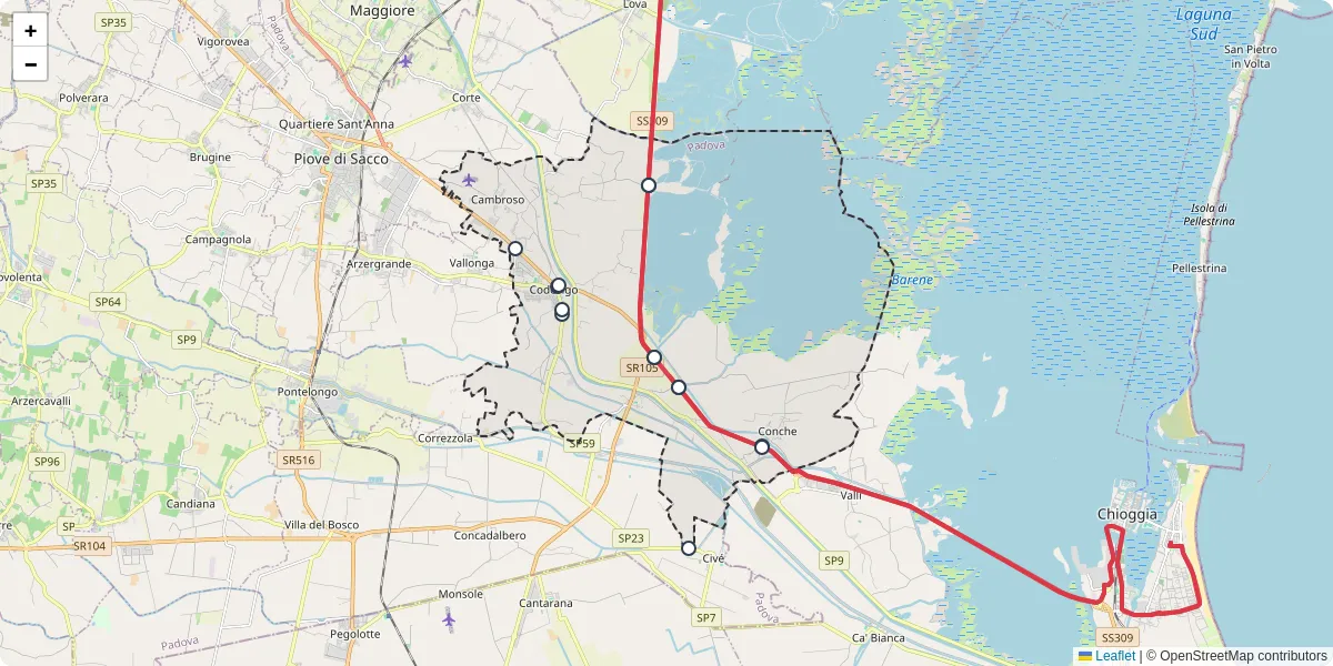 Mappa dettagliata del trasporto pubblico a Codevigo con linee autobus, tram e collegamenti