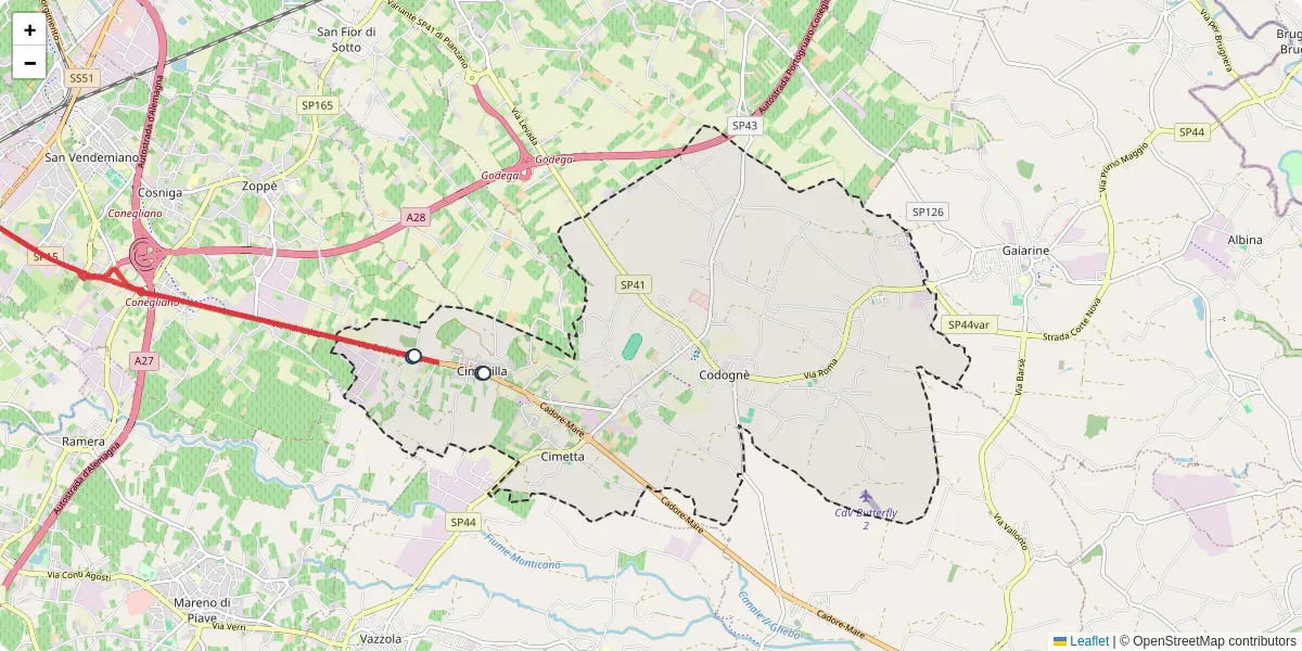Mappa dettagliata del trasporto pubblico a Codognè con linee autobus, tram e collegamenti
