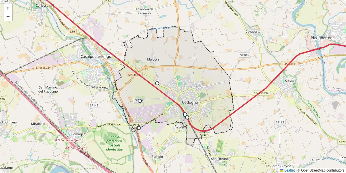 Mappa dettagliata del trasporto pubblico a Codogno con linee autobus, tram e collegamenti