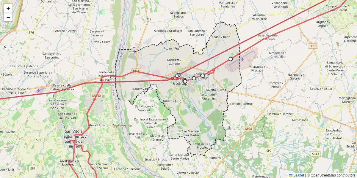 Mappa dettagliata del trasporto pubblico a Codroipo / Codroip con linee autobus, tram e collegamenti