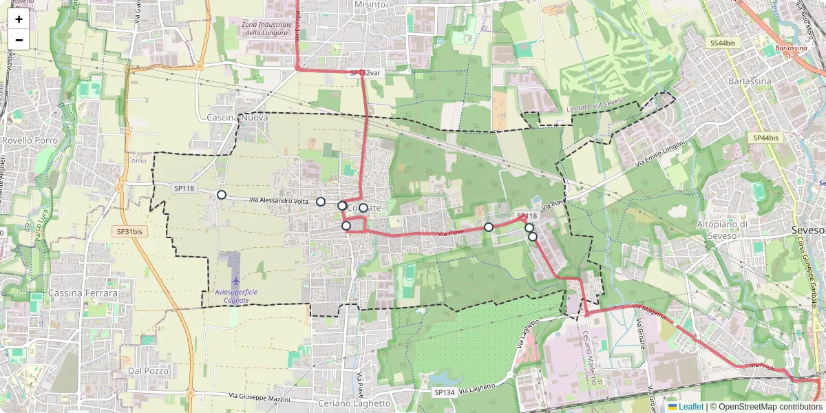 Mappa dettagliata del trasporto pubblico a Cogliate con linee autobus, tram e collegamenti