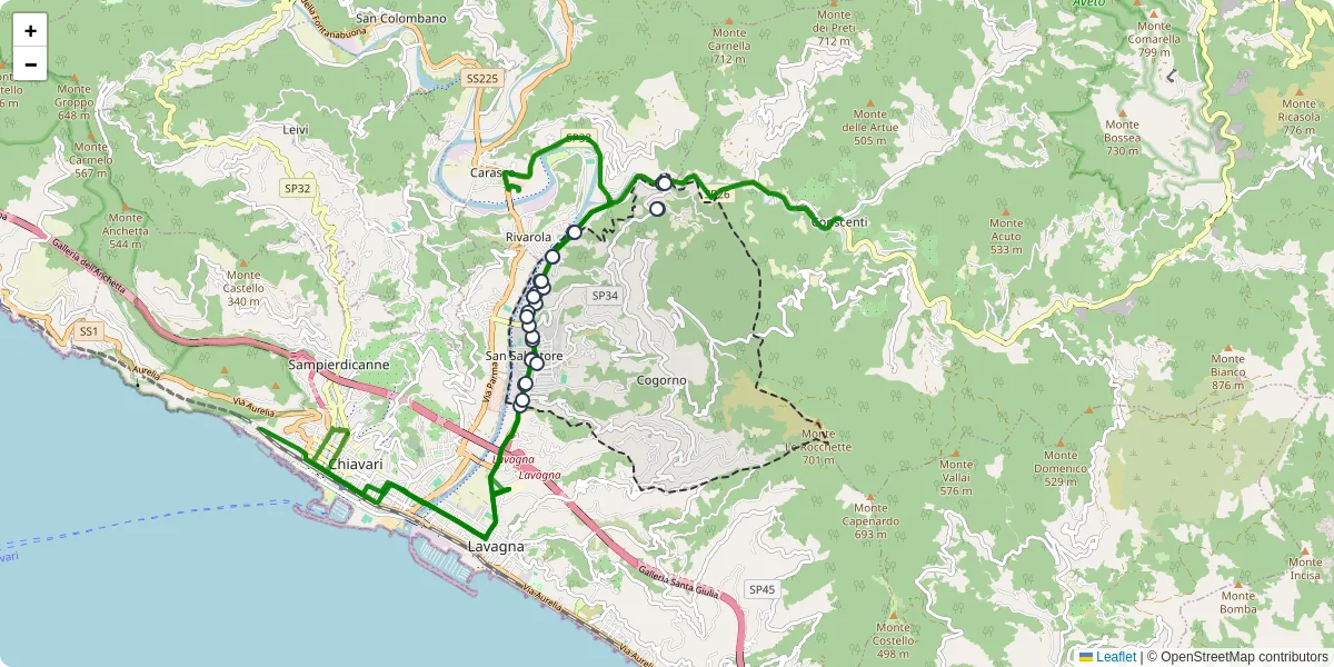 Mappa dettagliata del trasporto pubblico a Cogorno con linee autobus, tram e collegamenti