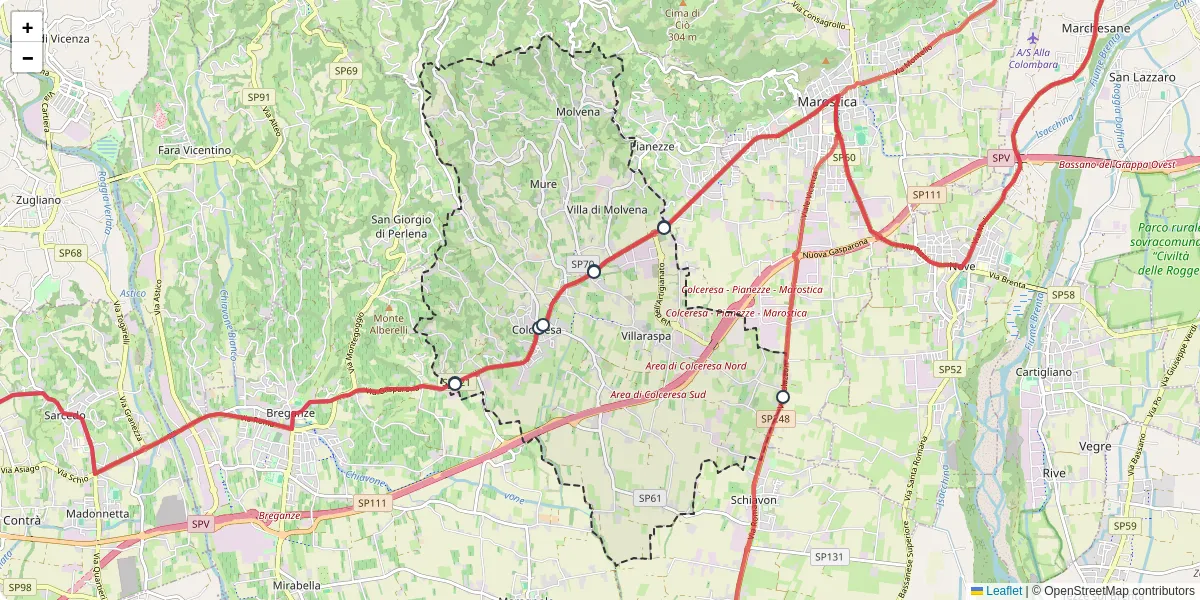 Mappa dettagliata del trasporto pubblico a Colceresa con linee autobus, tram e collegamenti