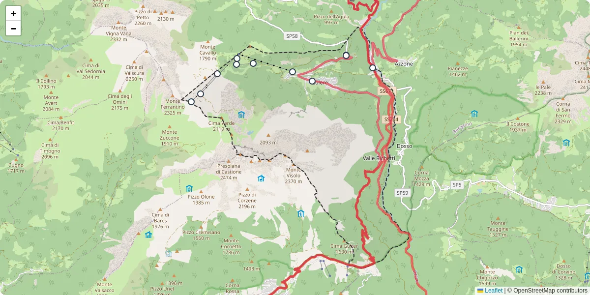 Mappa dettagliata del trasporto pubblico a Colere con linee autobus, tram e collegamenti