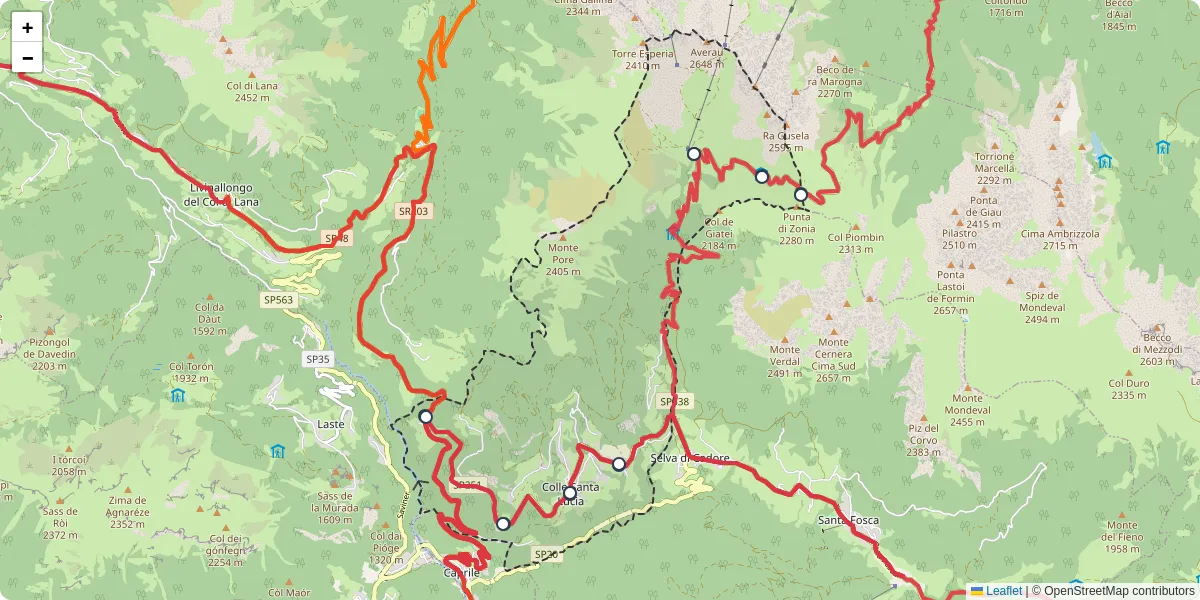 Mappa dettagliata del trasporto pubblico a Colle Santa Lucia con linee autobus, tram e collegamenti