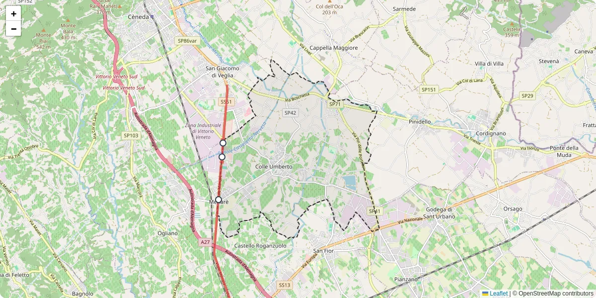 Mappa dettagliata del trasporto pubblico a Colle Umberto con linee autobus, tram e collegamenti