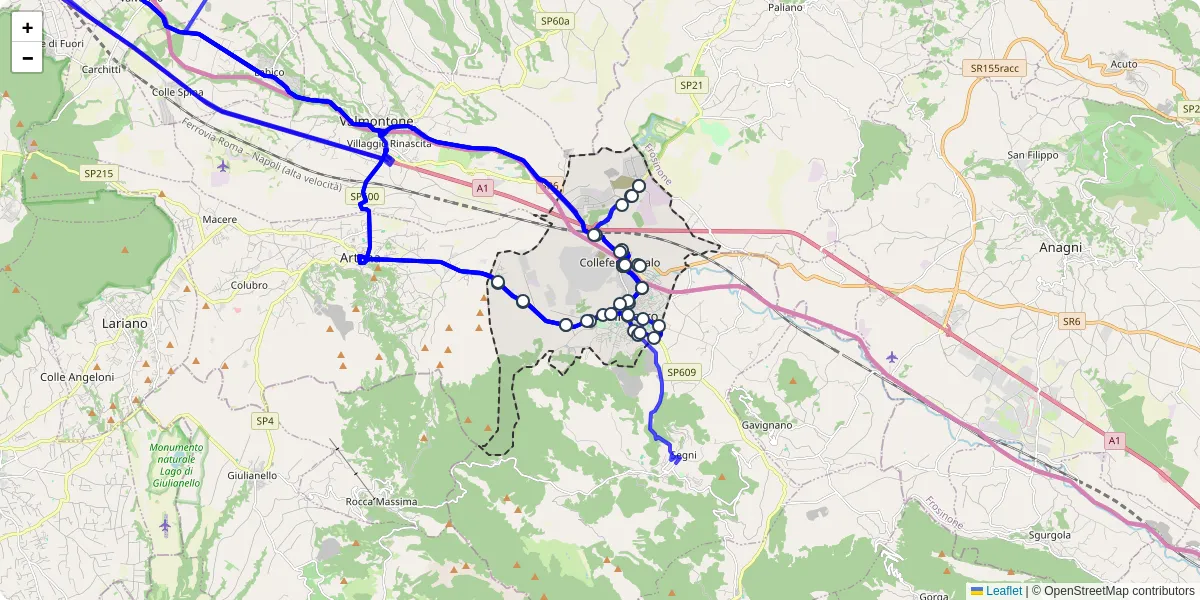 Mappa dettagliata del trasporto pubblico a Colleferro con linee autobus, tram e collegamenti