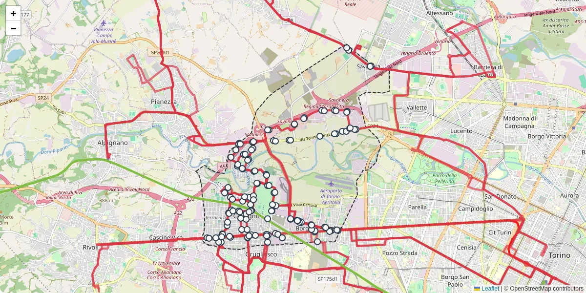 Mappa dettagliata del trasporto pubblico a Collegno con linee autobus, tram e collegamenti