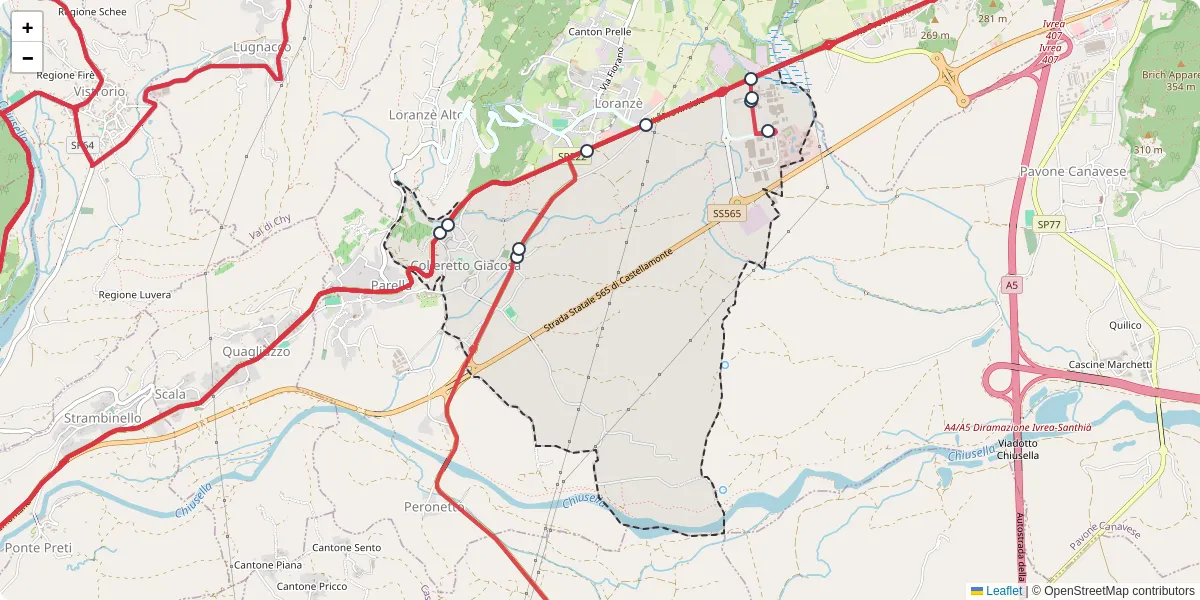 Mappa dettagliata del trasporto pubblico a Colleretto Giacosa con linee autobus, tram e collegamenti