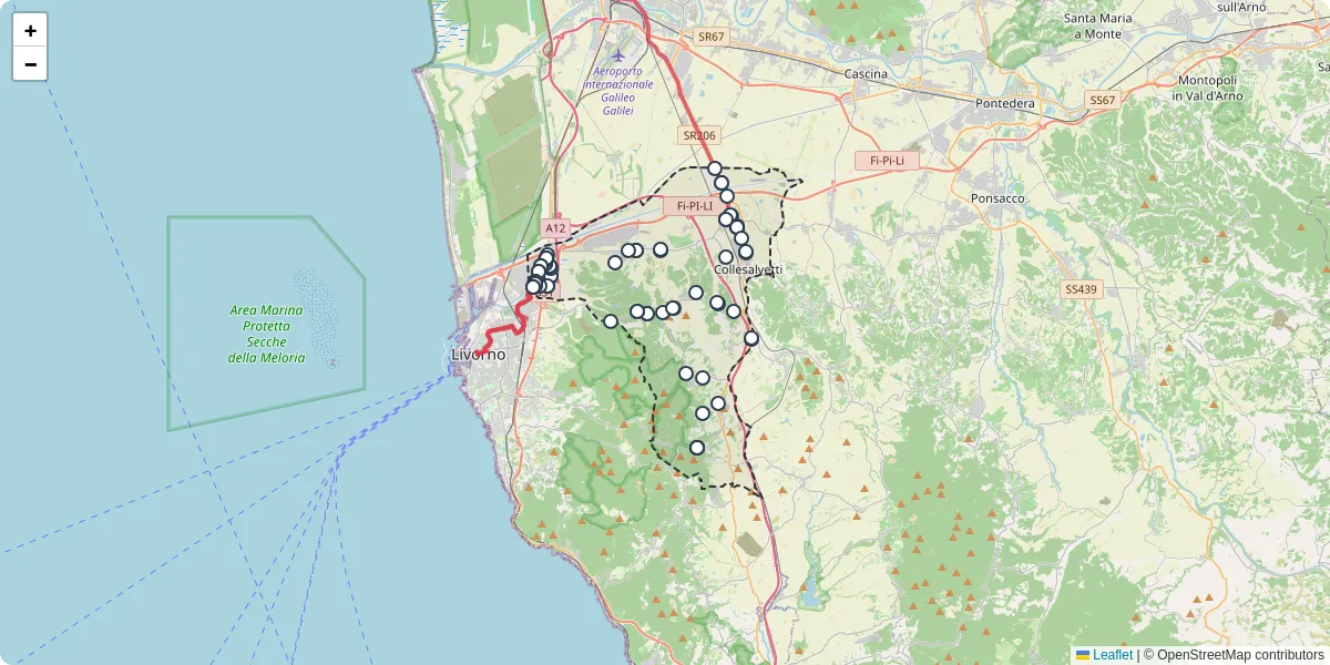 Mappa dettagliata del trasporto pubblico a Collesalvetti con linee autobus, tram e collegamenti