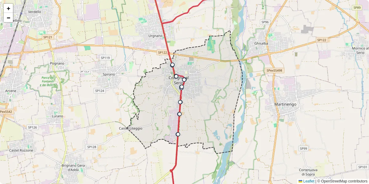 Mappa dettagliata del trasporto pubblico a Cologno al Serio con linee autobus, tram e collegamenti
