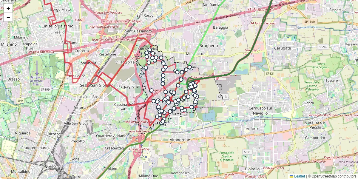 Mappa dettagliata del trasporto pubblico a Cologno Monzese con linee autobus, tram e collegamenti