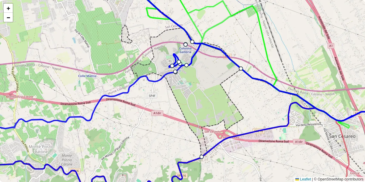 Mappa dettagliata del trasporto pubblico a Colonna con linee autobus, tram e collegamenti