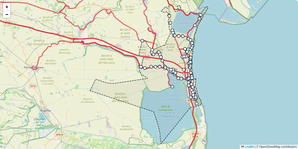 Mappa dettagliata del trasporto pubblico a Comacchio con linee autobus, tram e collegamenti