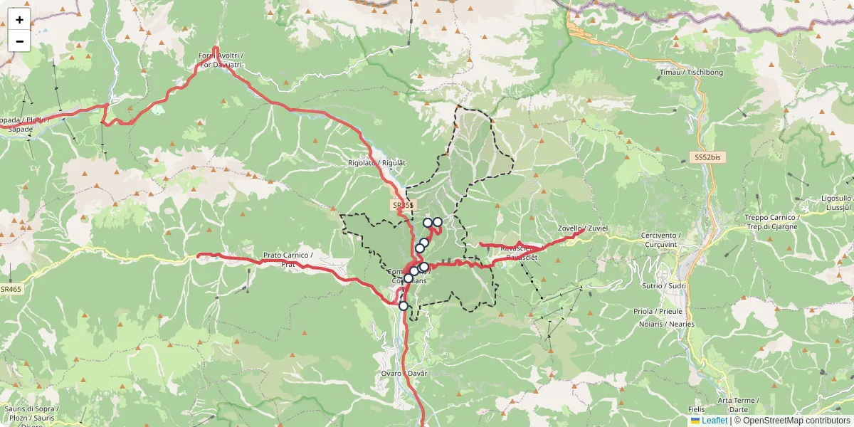 Mappa dettagliata del trasporto pubblico a Comeglians / Comelians con linee autobus, tram e collegamenti