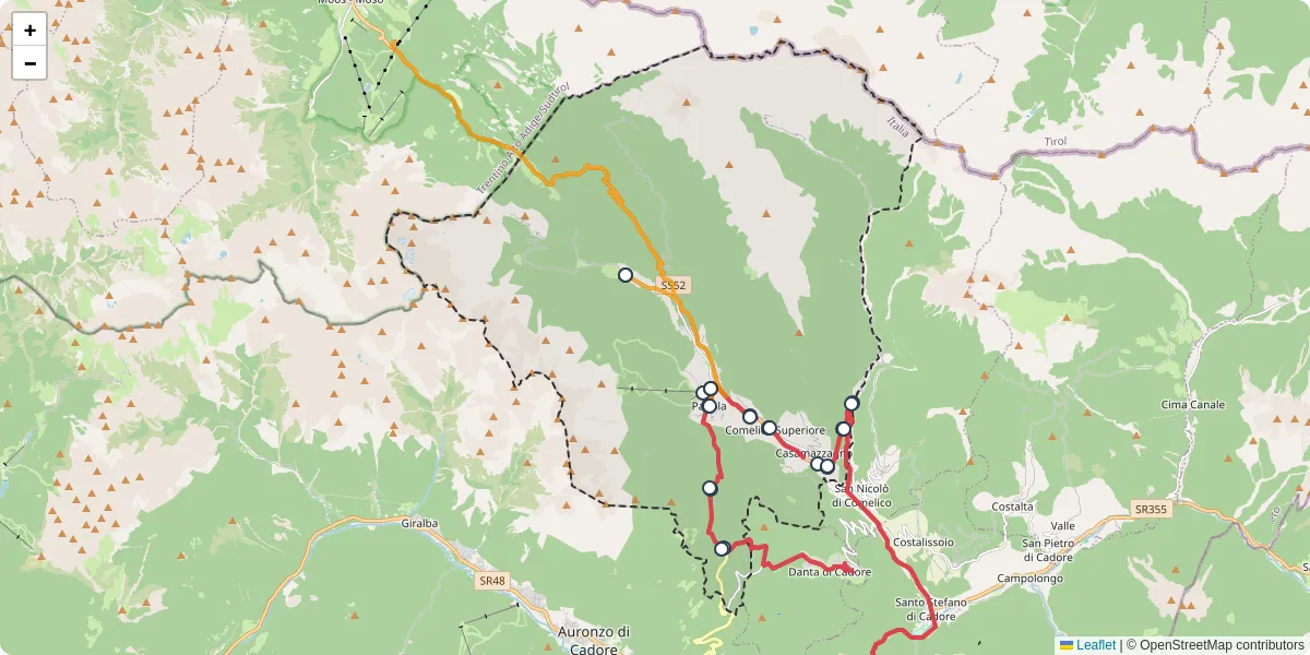 Mappa dettagliata del trasporto pubblico a Comelico Superiore con linee autobus, tram e collegamenti