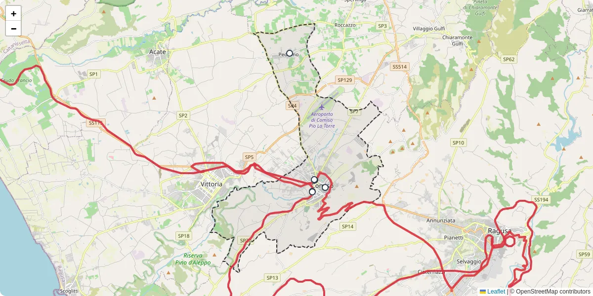 Mappa dettagliata del trasporto pubblico a Comiso con linee autobus, tram e collegamenti