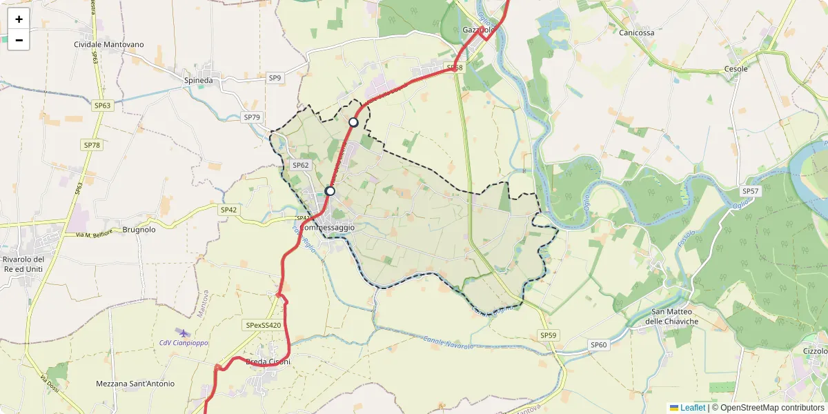 Mappa dettagliata del trasporto pubblico a Commessaggio con linee autobus, tram e collegamenti