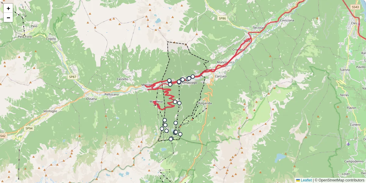 Mappa dettagliata del trasporto pubblico a Commezzadura con linee autobus, tram e collegamenti