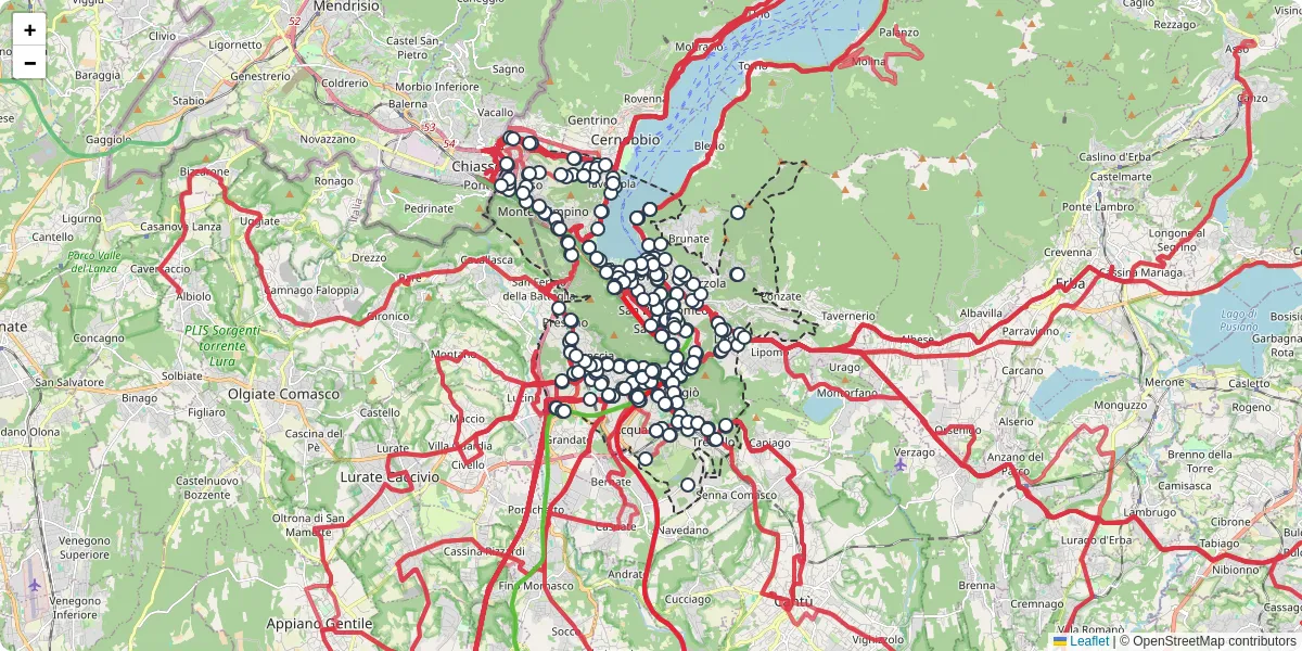 Mappa dettagliata del trasporto pubblico a Como con linee autobus, tram e collegamenti
