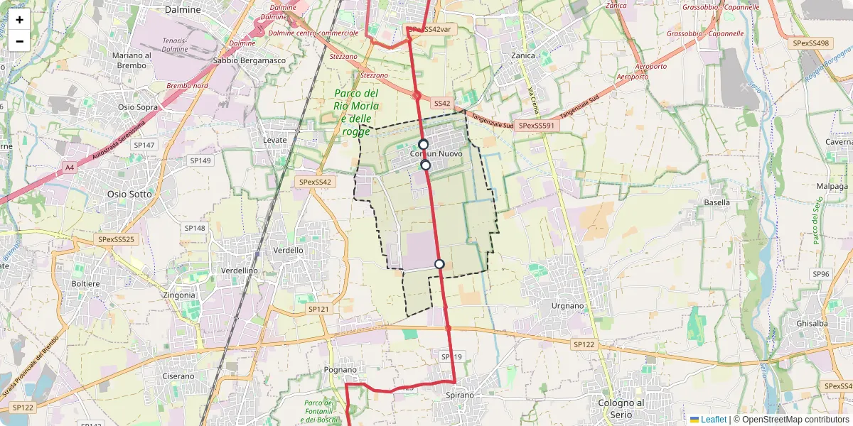 Mappa dettagliata del trasporto pubblico a Comun Nuovo con linee autobus, tram e collegamenti