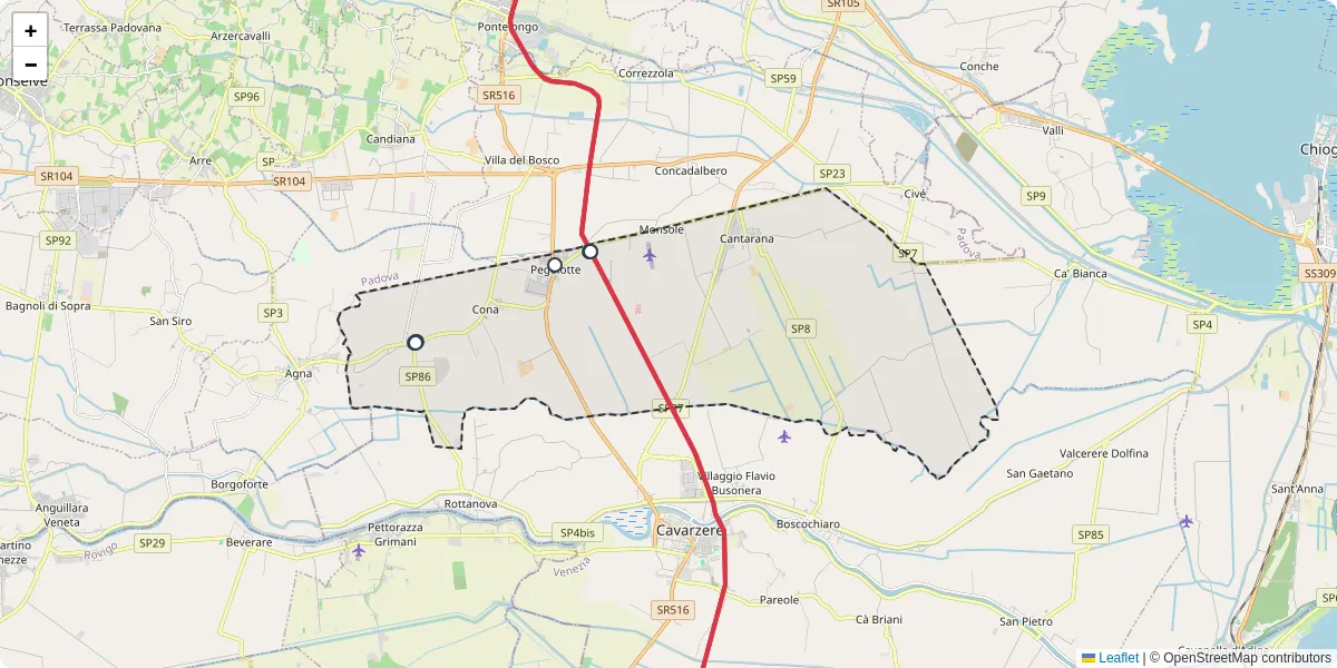 Mappa dettagliata del trasporto pubblico a Cona con linee autobus, tram e collegamenti