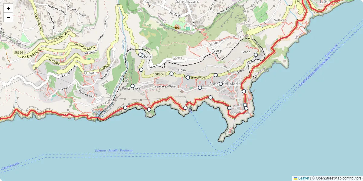 Mappa dettagliata del trasporto pubblico a Conca dei Marini con linee autobus, tram e collegamenti