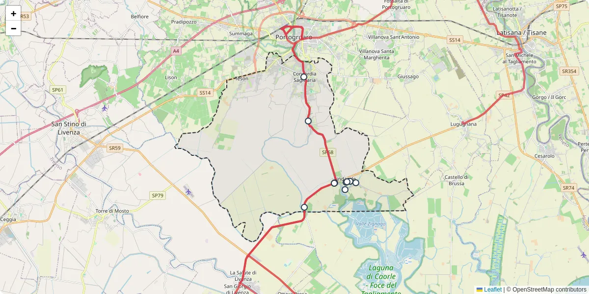 Mappa dettagliata del trasporto pubblico a Concordia Sagittaria con linee autobus, tram e collegamenti