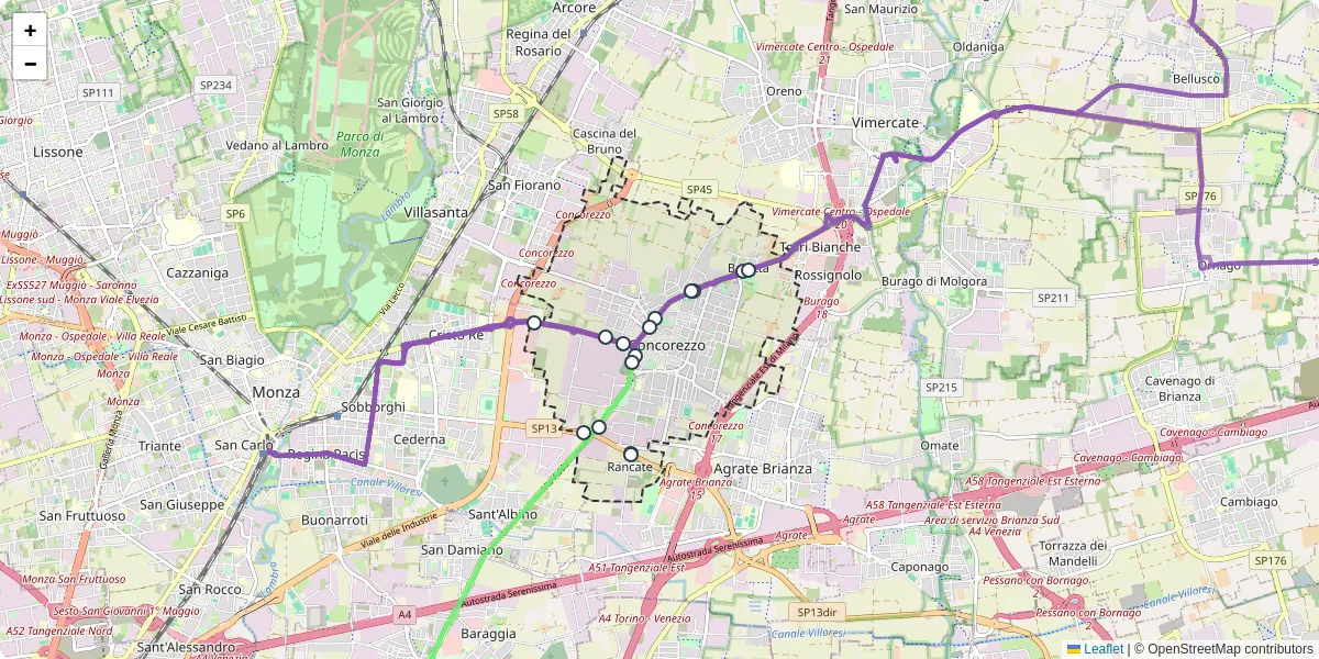 Mappa dettagliata del trasporto pubblico a Concorezzo con linee autobus, tram e collegamenti