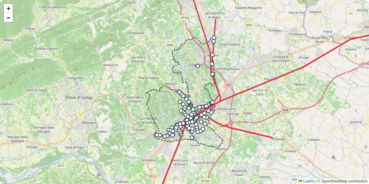 Mappa dettagliata del trasporto pubblico a Conegliano con linee autobus, tram e collegamenti