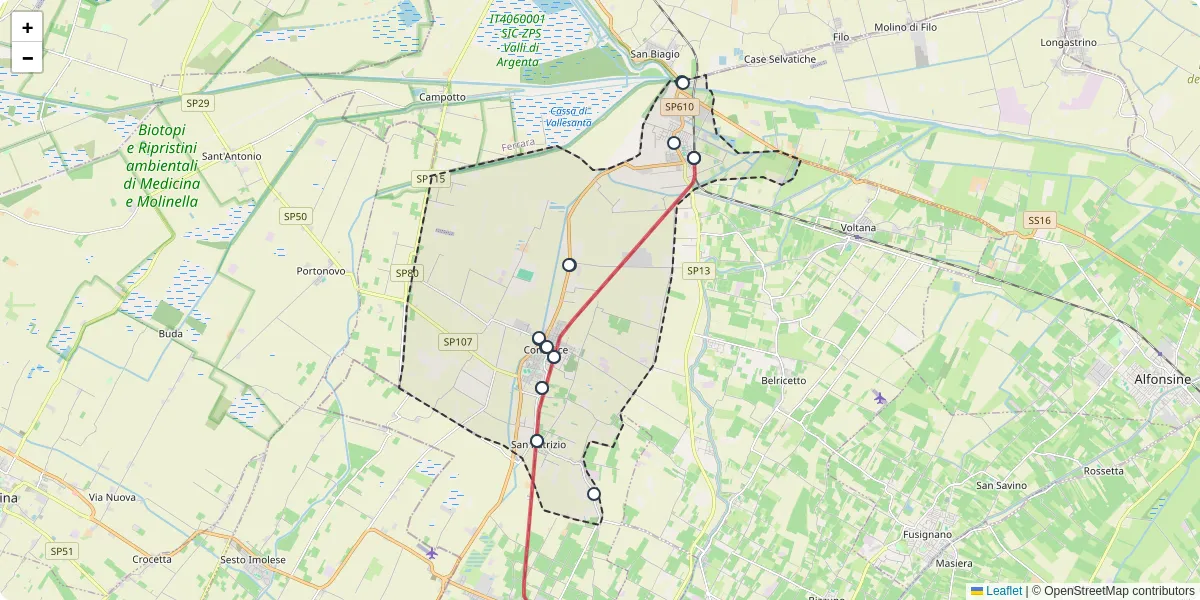 Mappa dettagliata del trasporto pubblico a Conselice con linee autobus, tram e collegamenti