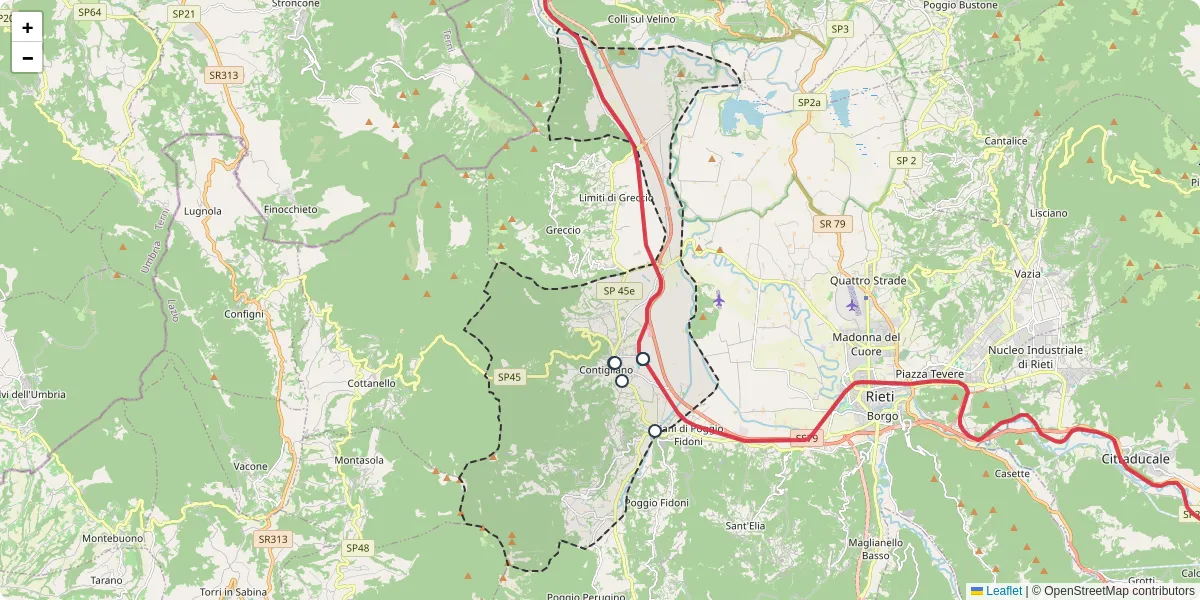 Mappa dettagliata del trasporto pubblico a Contigliano con linee autobus, tram e collegamenti