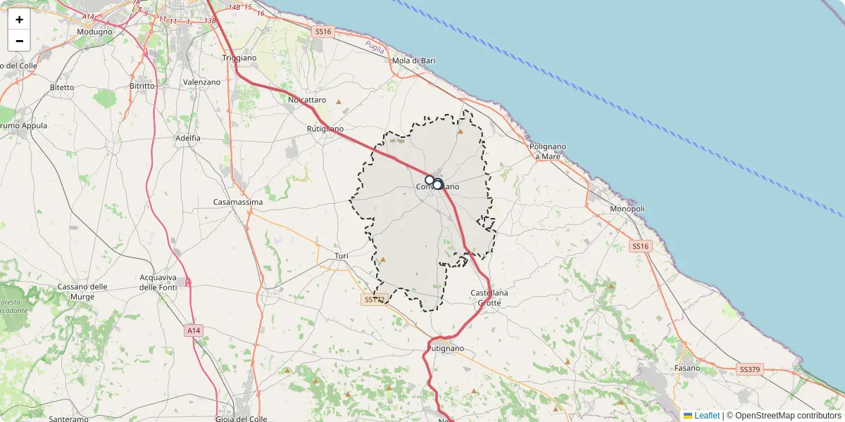 Mappa dettagliata del trasporto pubblico a Conversano con linee autobus, tram e collegamenti