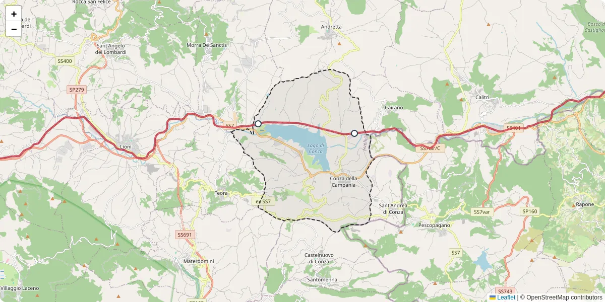 Mappa dettagliata del trasporto pubblico a Conza della Campania con linee autobus, tram e collegamenti