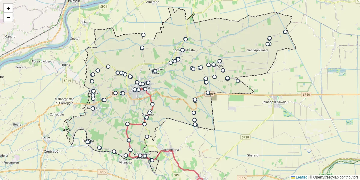Mappa dettagliata del trasporto pubblico a Copparo con linee autobus, tram e collegamenti