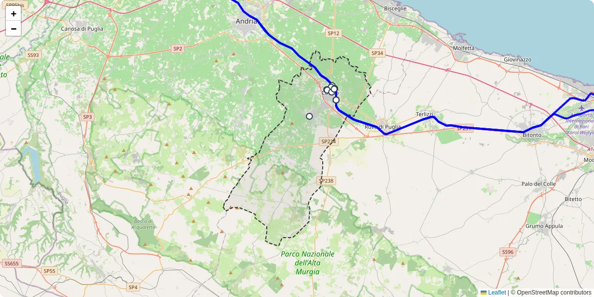 Mappa dettagliata del trasporto pubblico a Corato con linee autobus, tram e collegamenti
